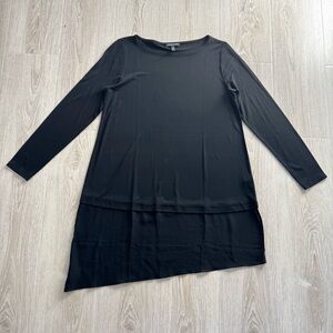 Eileen Fisher Bateau Silk Long Tunic Top Petite M Black Asymmetric Sheer Hem